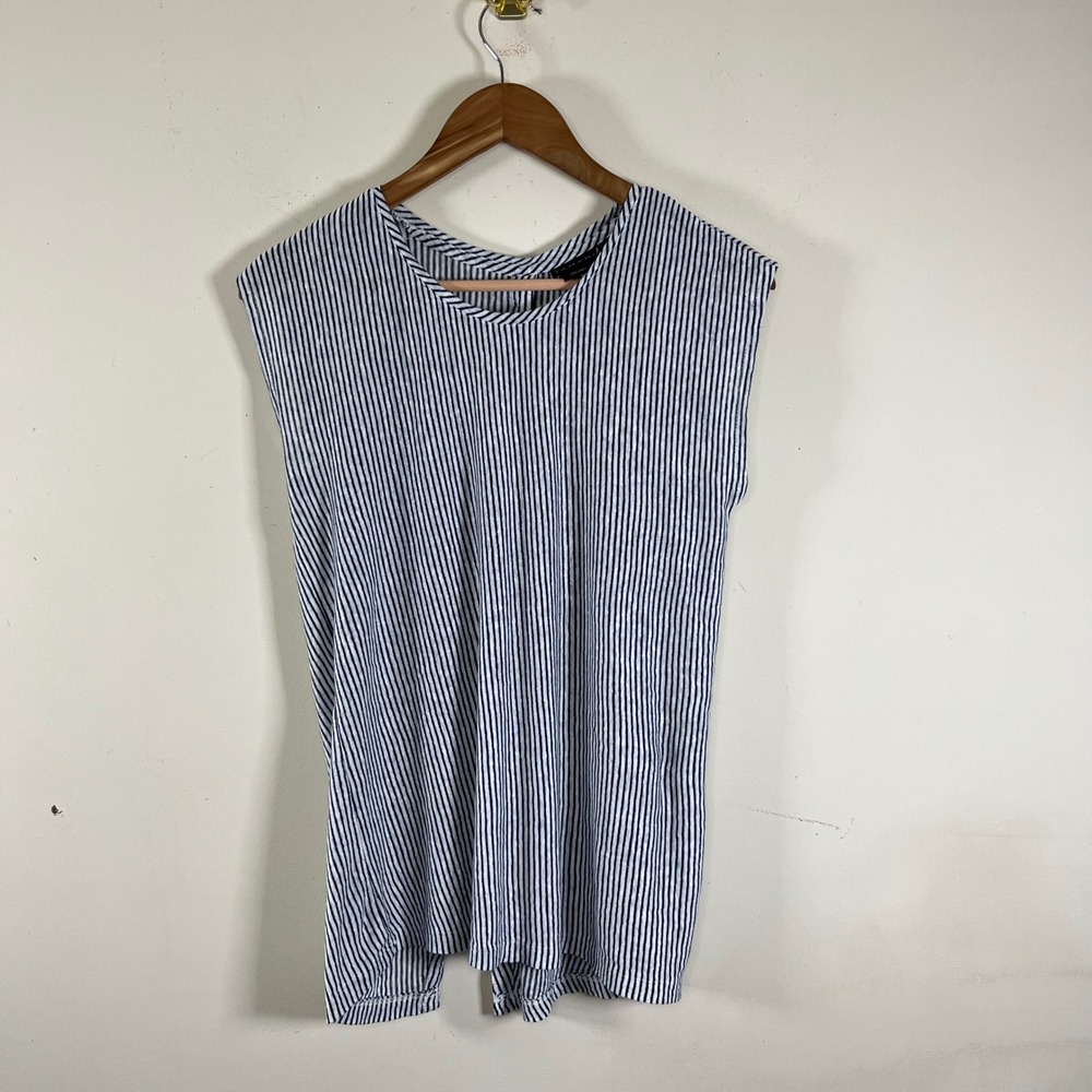 Tahari Linen Striped Top Button Down Back Coastal Sleeveless Lagenlook Medium